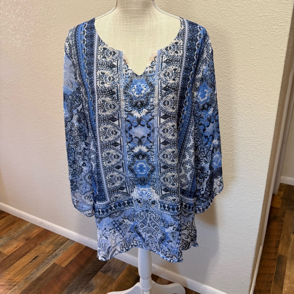 JM Collection Blue and White Floral Blouse - Size XL